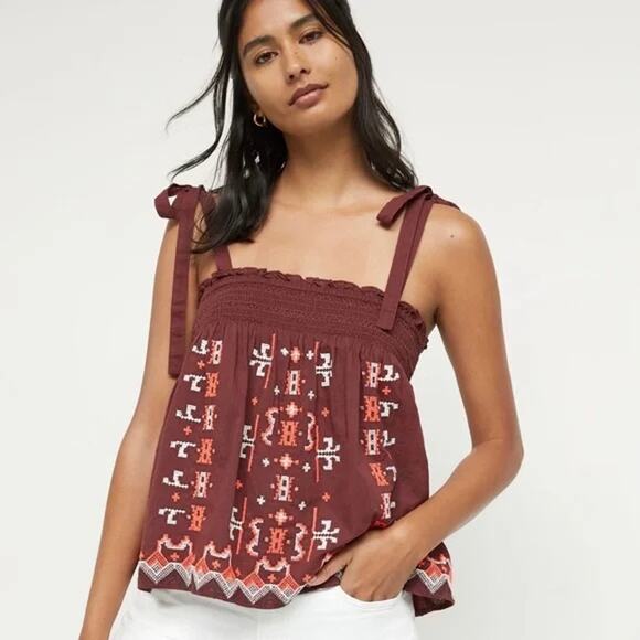 Anthropologie Aliza Embroidered Swing Tank Womens Medium Brown - Picture 1 of 10